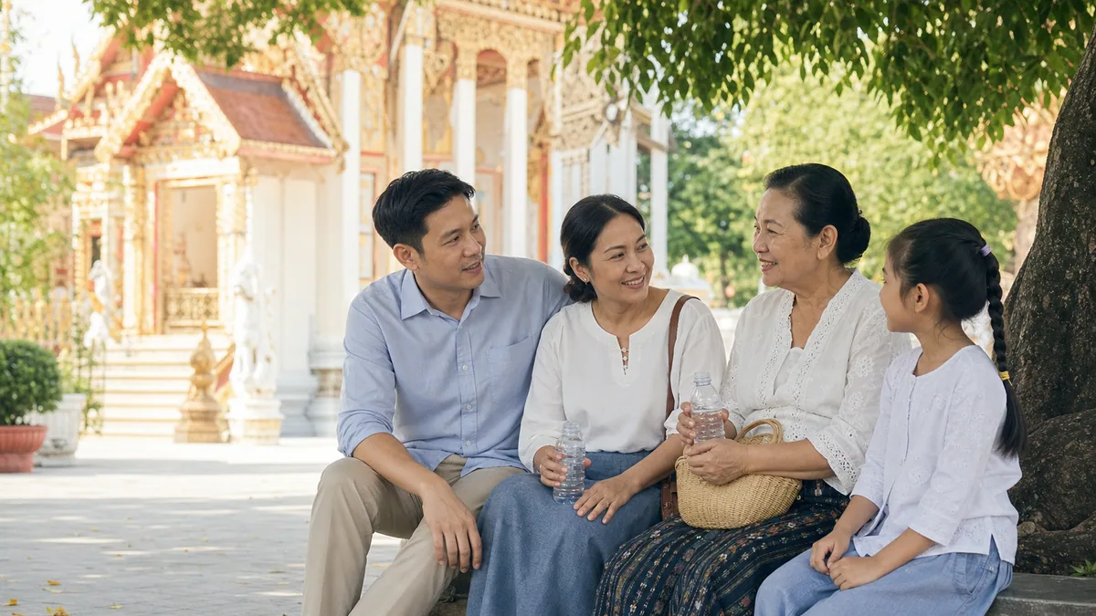 คุณยายใช้เวลากับลูกหลานระหว่างไปวัดด้วยกัน